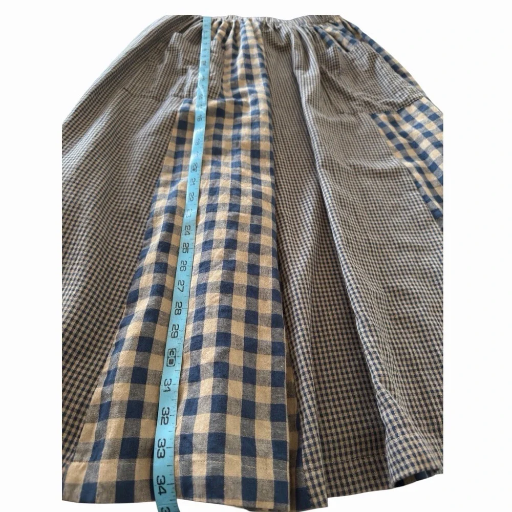 Amente LA Gingham Midi Skirt A-Line Preppy Cottagecore Elastic Waist Pockets - Picture 7 of 10